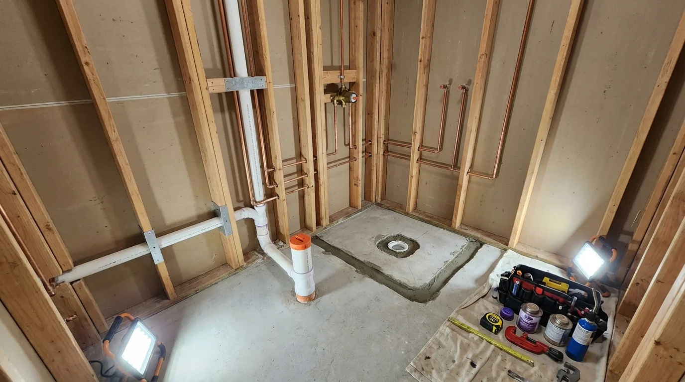 Bathroom rough-in plumbing during remodel by Johns Plumbing LLC in Seward