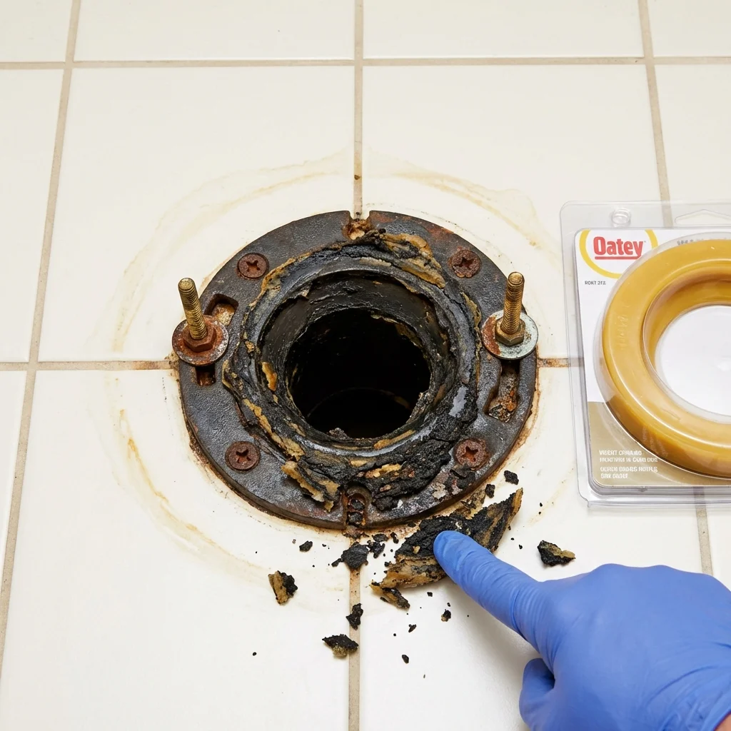 Failed wax ring showing water seepage at the base of a toilet in a Seward, NE home
