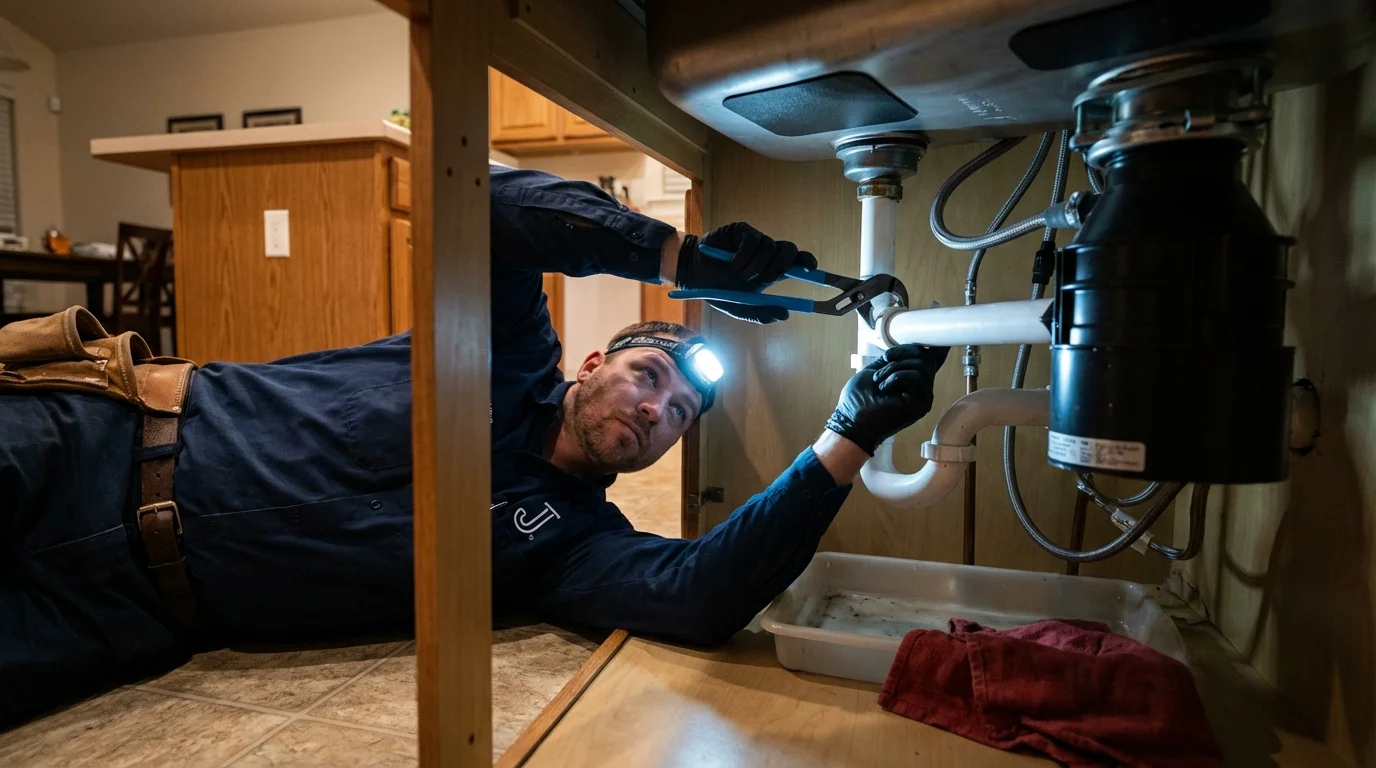 P-trap and supply line connections under a kitchen sink showing a common leak point in Seward, NE